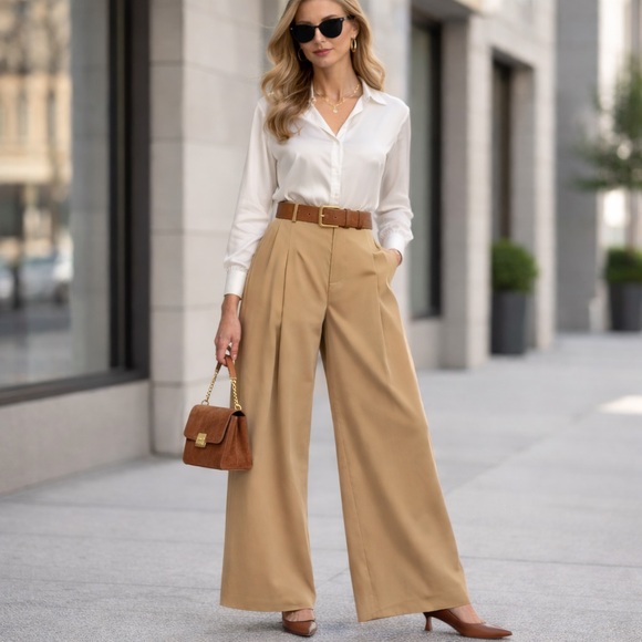 Frame Denim Pants - NWOT: Frame Camel Wide Leg Cotton Blend Stretch Pleated Pants Size 4